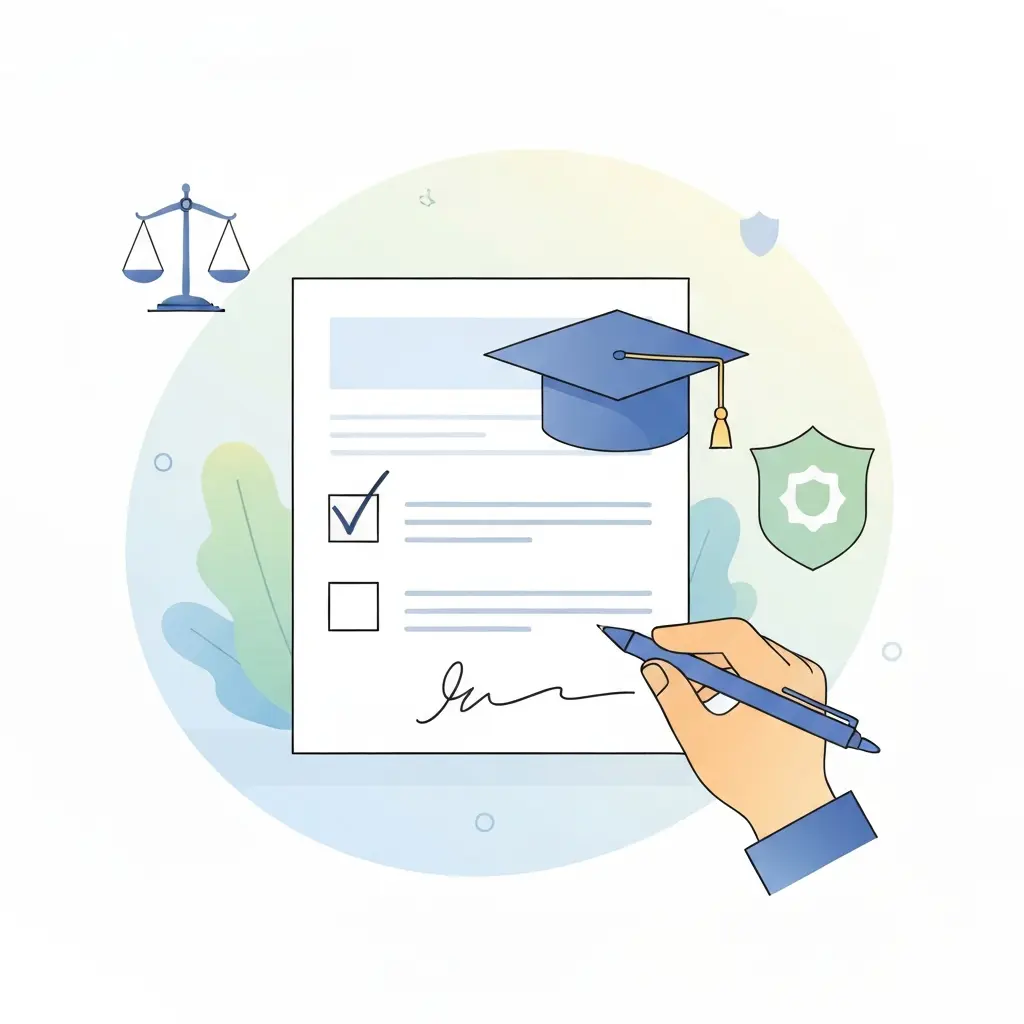 Ilustração de documento de declaração de integridade académica sendo assinado