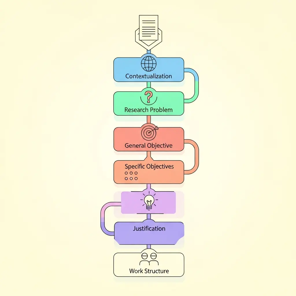 Diagrama visual mostrando a estrutura de uma introdução académica com seus elementos essenciais conectados