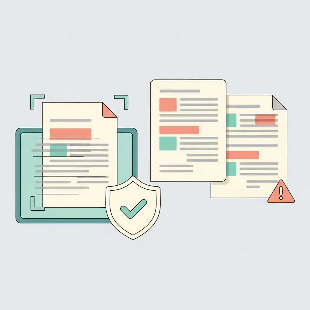 Ilustração de deteção de plágio académico mostrando análise digital de documentos com verificação de integridade