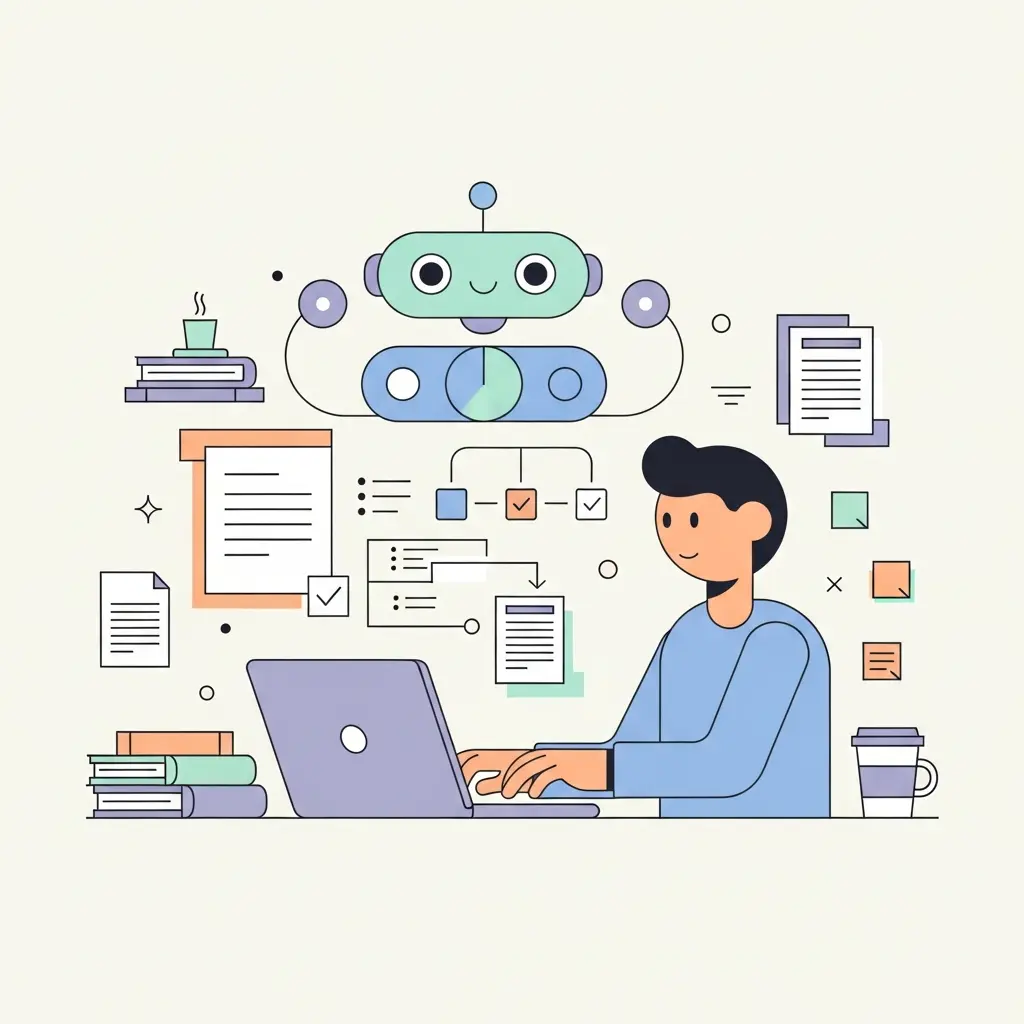 Estudante utilizando inteligência artificial como assistente para organizar ideias do trabalho académico