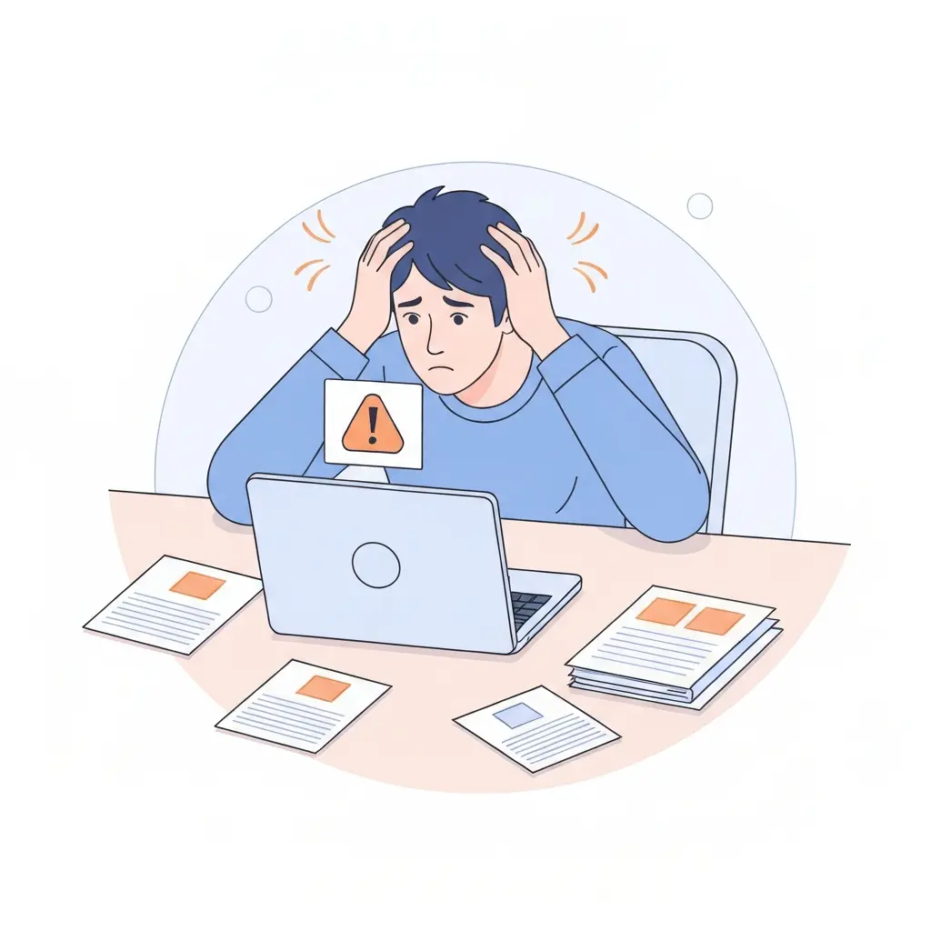 Estudante universitário stressado a olhar para o portátil após receber alerta de deteção de IA