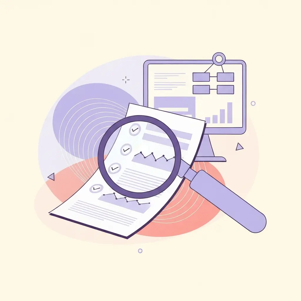Ilustração de ferramentas de análise e deteção de IA a examinar documentos académicos