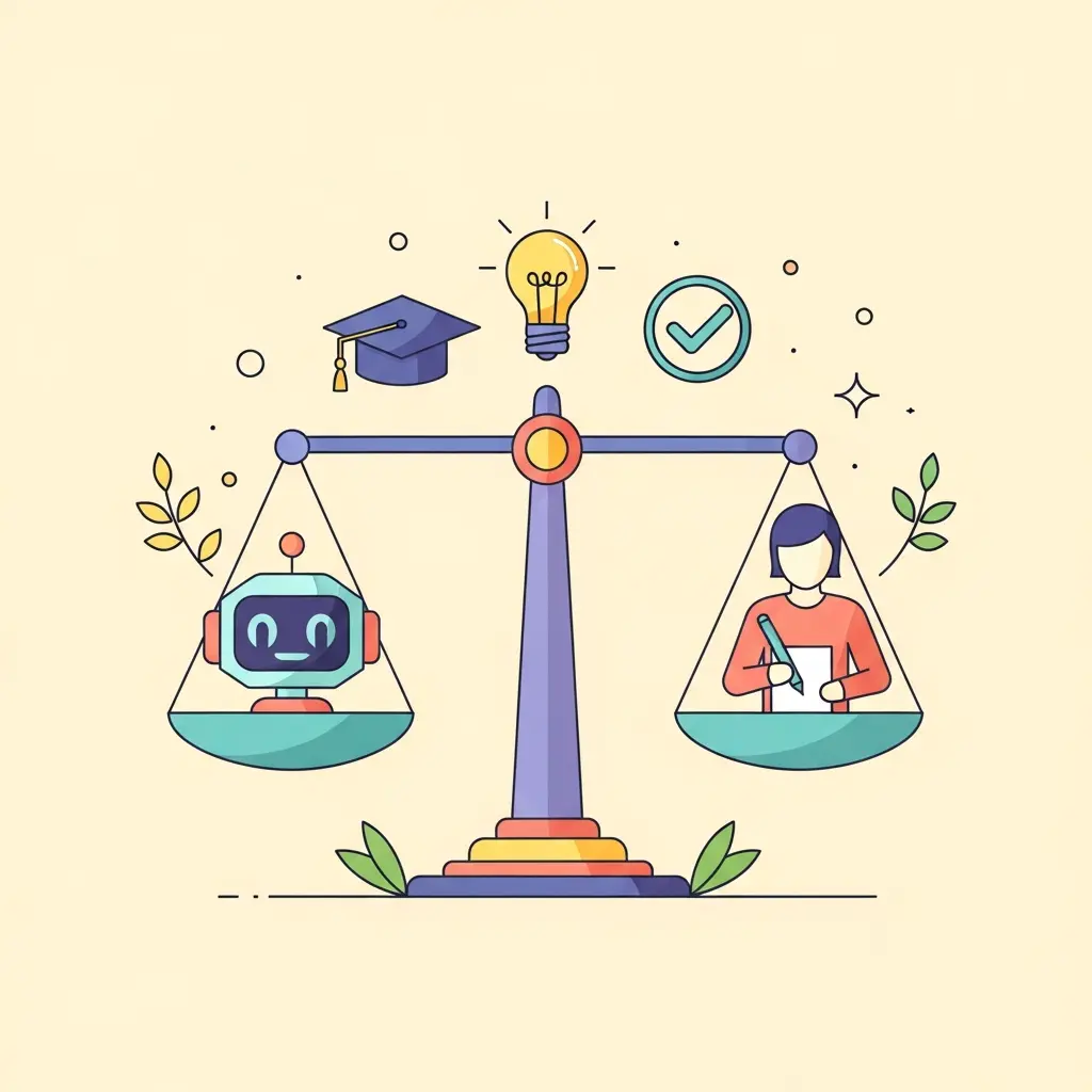 Balança equilibrada entre assistência de IA e criatividade humana na escrita académica