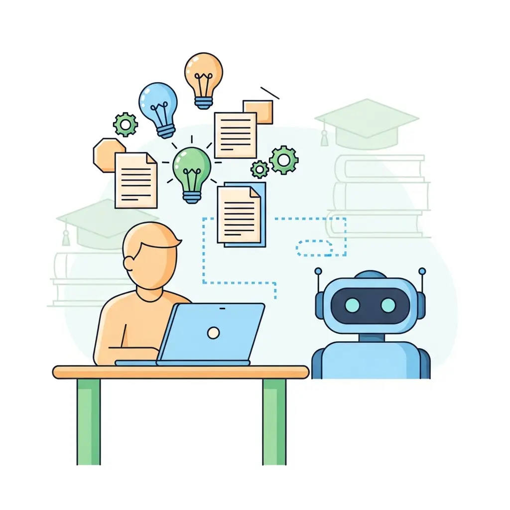 Ilustração de estudante a trabalhar com assistente de IA como ferramenta de apoio académico