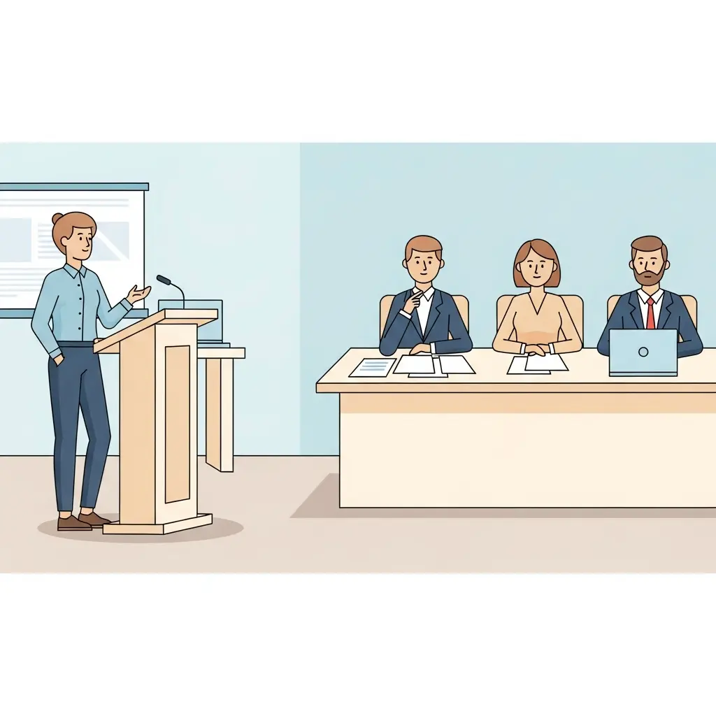 Ilustração de uma defesa de TFC mostrando estudante perante banca de avaliadores numa universidade portuguesa