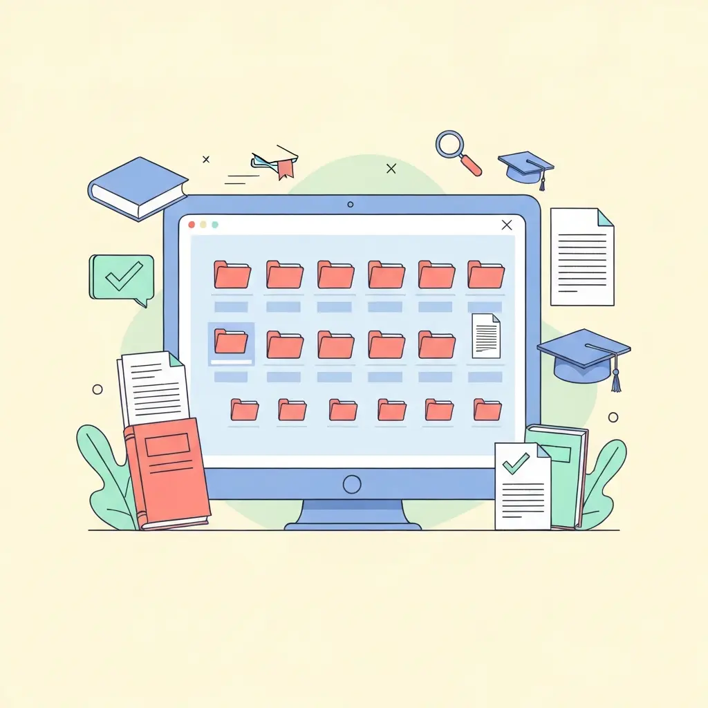 Ilustração de uma biblioteca digital com repositórios académicos organizados