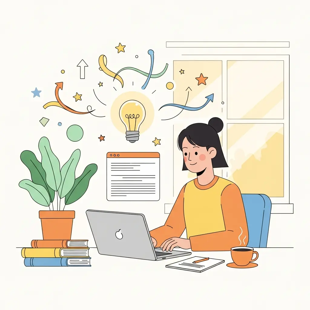 Estudante com postura confiante a escrever no laptop, rodeado de símbolos de criatividade e progresso como lâmpadas e linhas fluidas