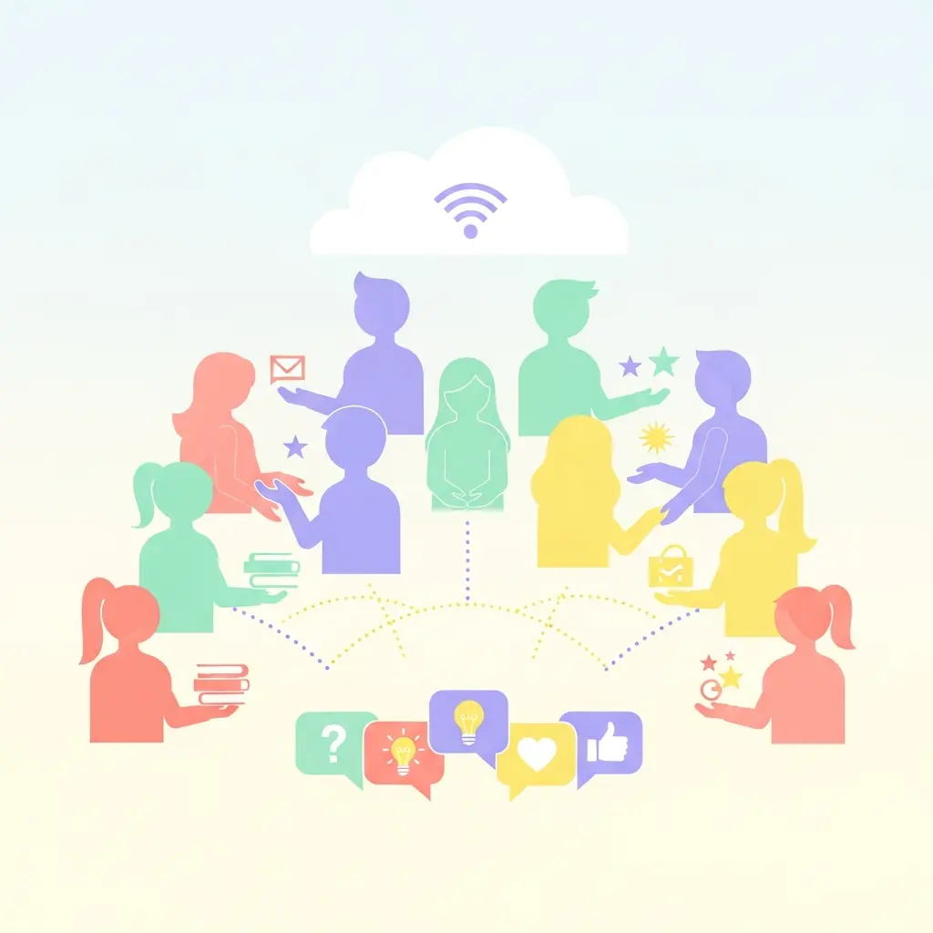 Ilustração de uma rede de estudantes conectados, partilhando ideias e apoiando-se mutuamente numa comunidade online