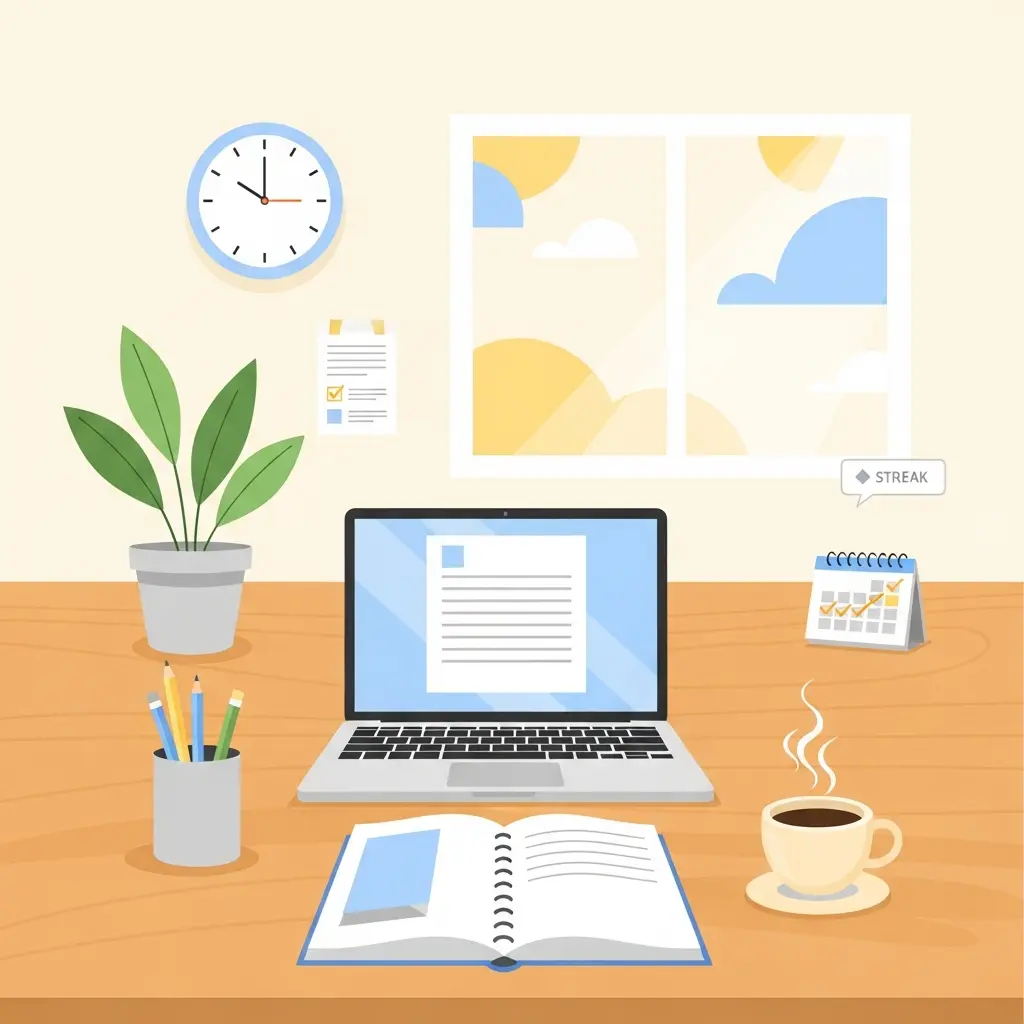 Espaço de trabalho minimalista para ritual diário de escrita