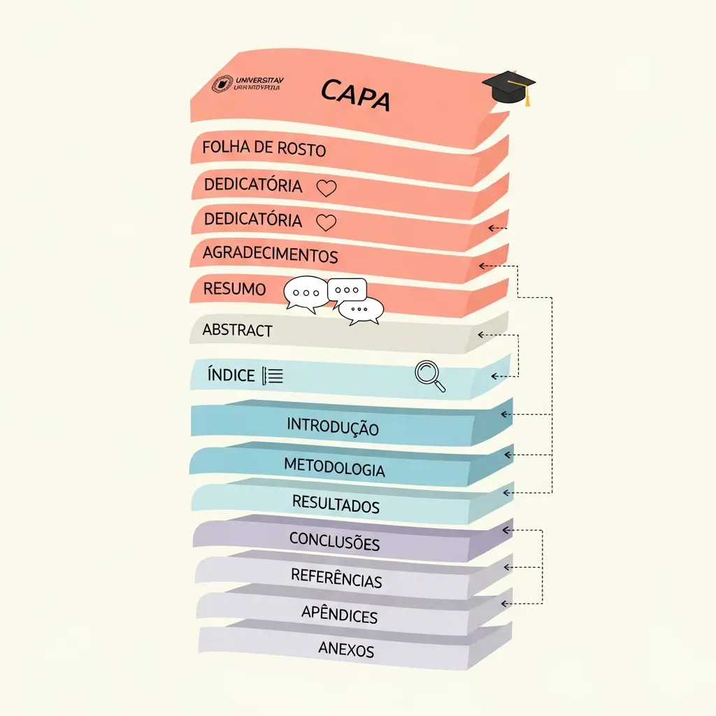 Estrutura completa de uma tese académica em camadas: elementos pré-textuais, corpo do texto e elementos pós-textuais