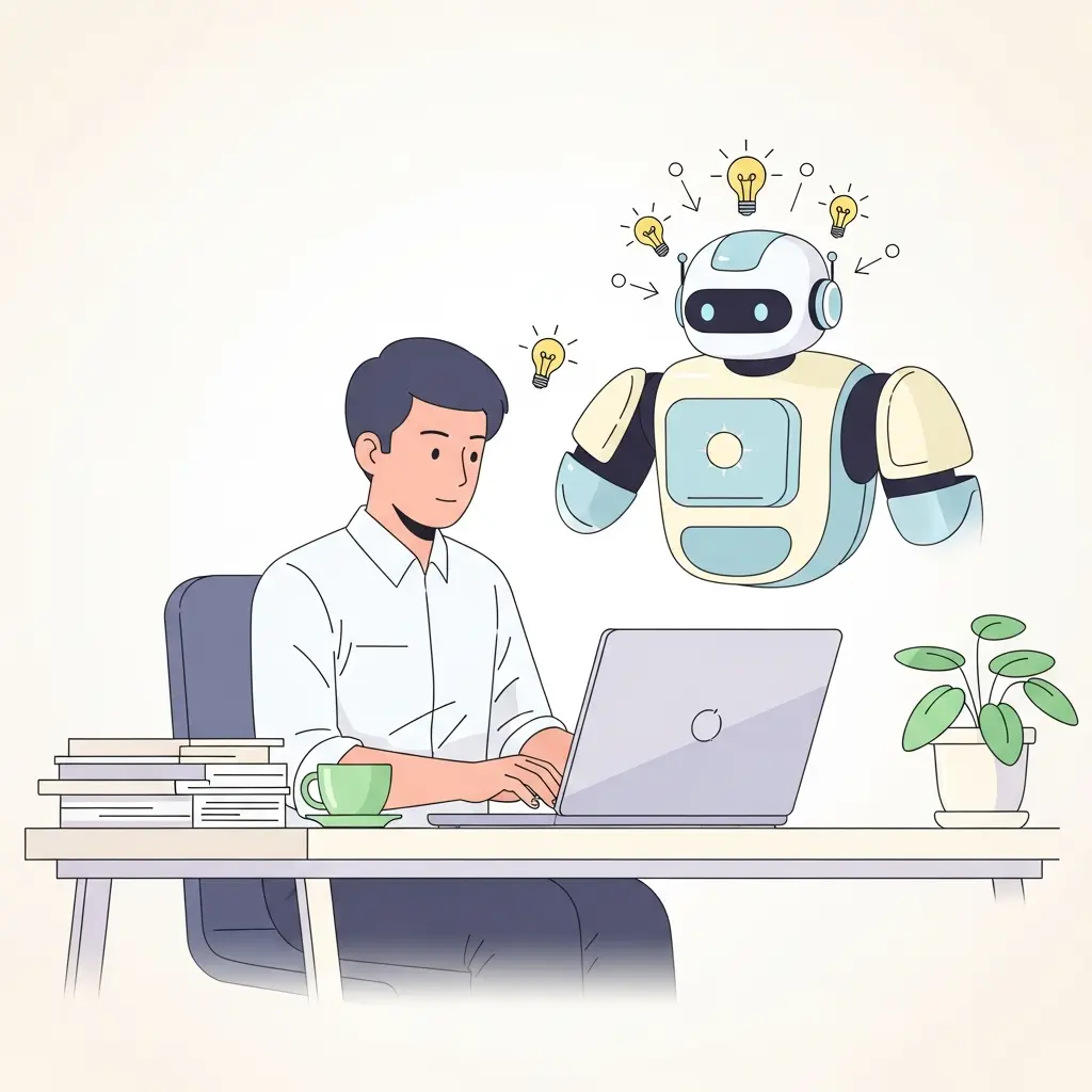 Ilustração de um doutorando a trabalhar com IA como assistente colaborativo