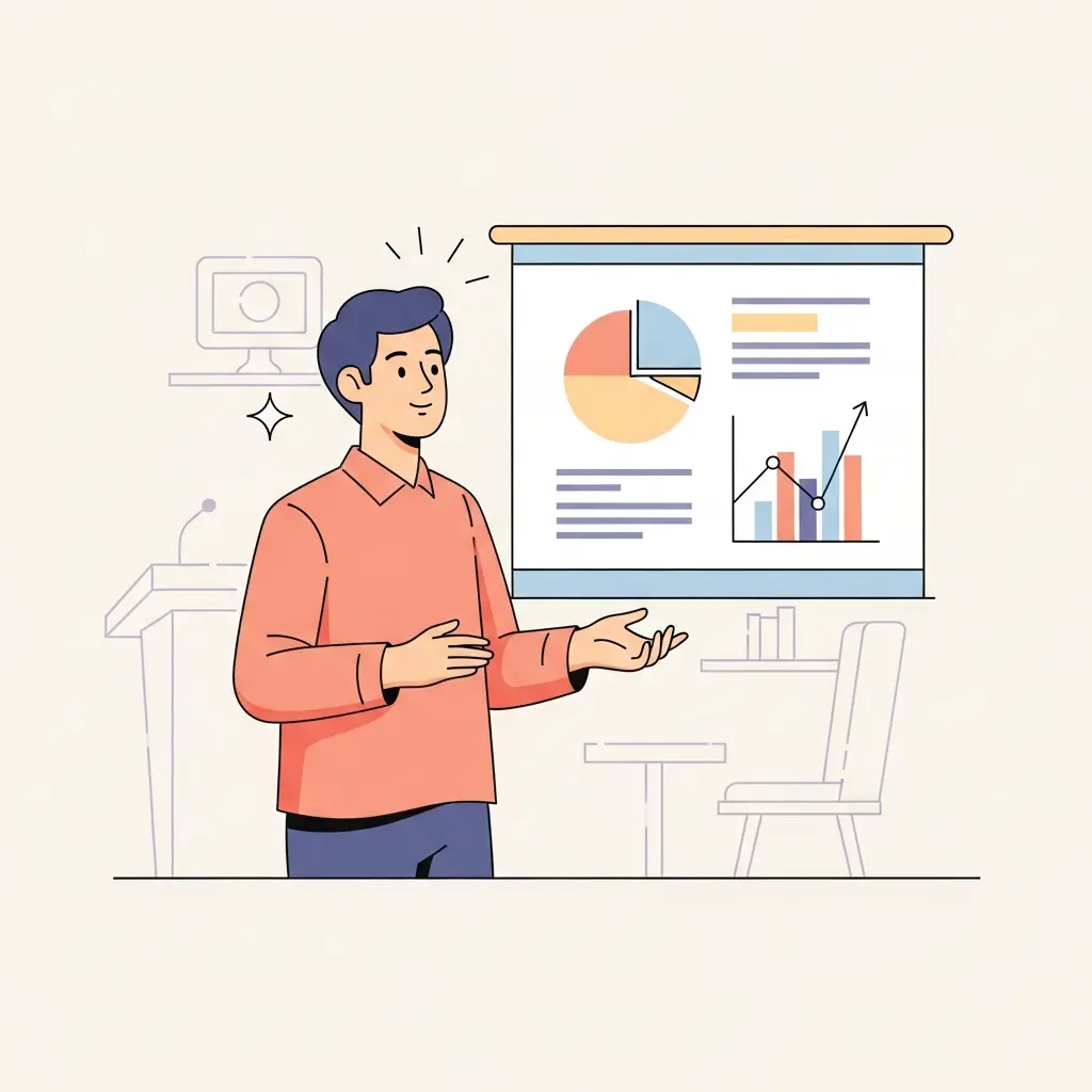 Estudante confiante a apresentar o TFC com postura corporal aberta e expressão calma