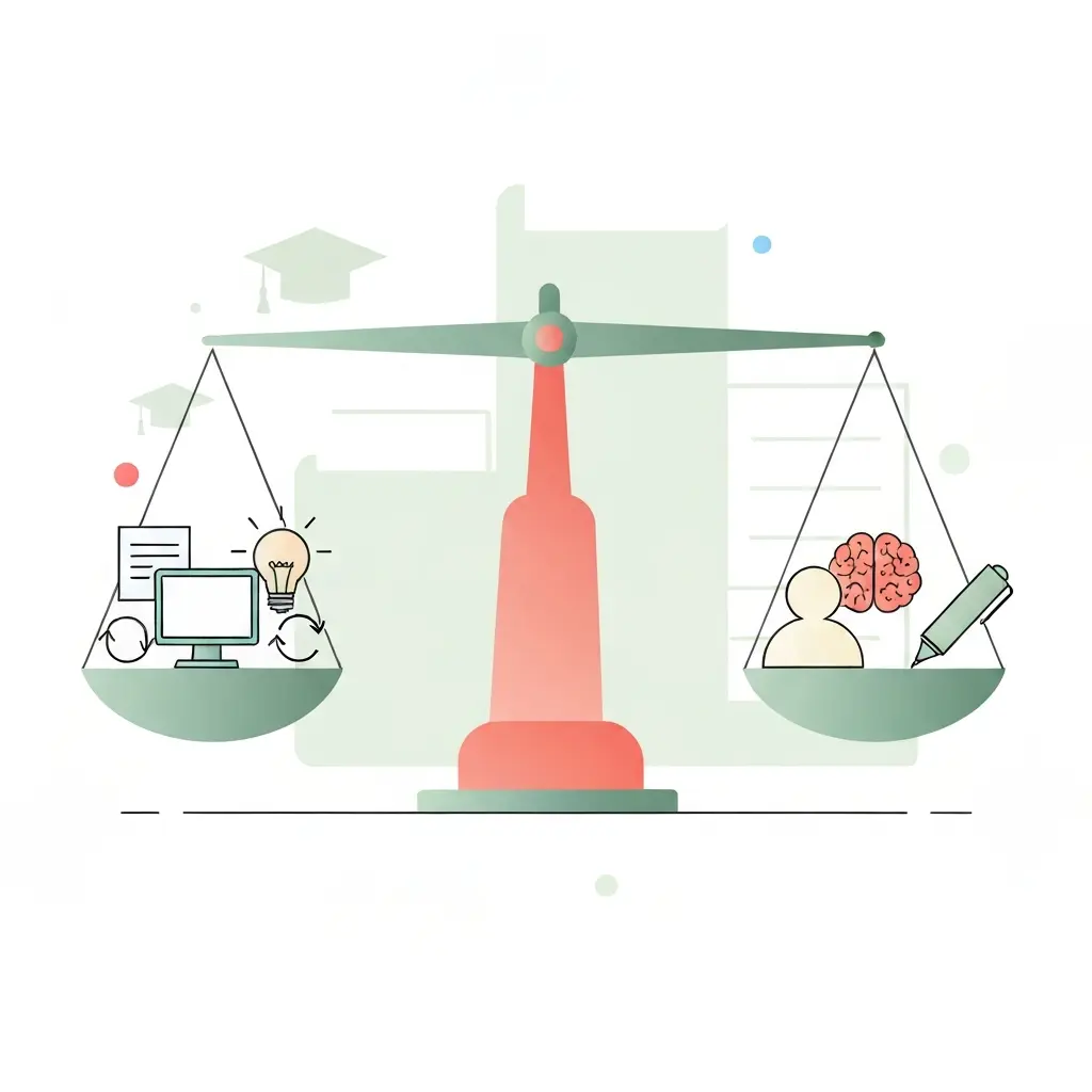 Balança representando o equilíbrio ético entre uso de IA e trabalho original na academia