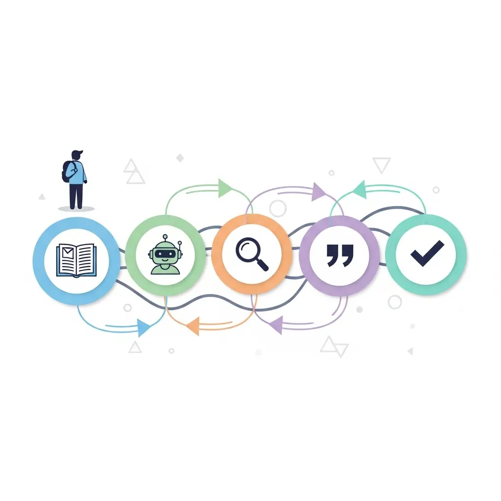 Ilustração dos cinco passos do processo de escrita académica com IA