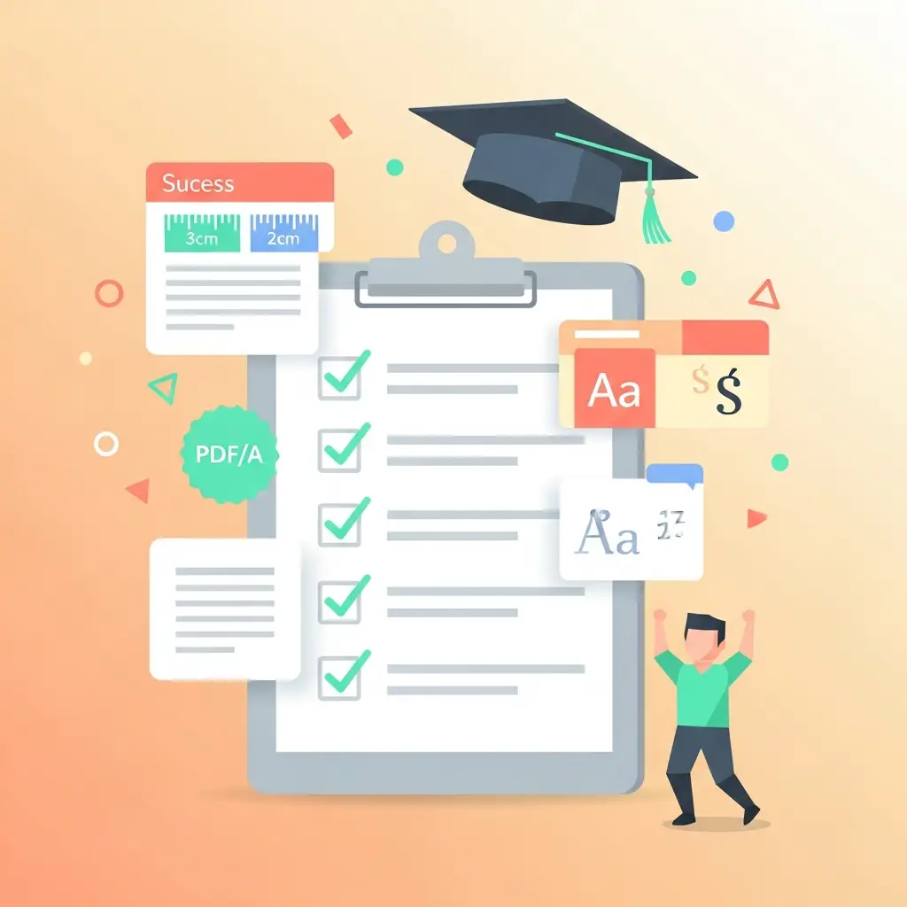 Checklist de formatação de tese completa com todos os itens verificados e símbolo de sucesso académico