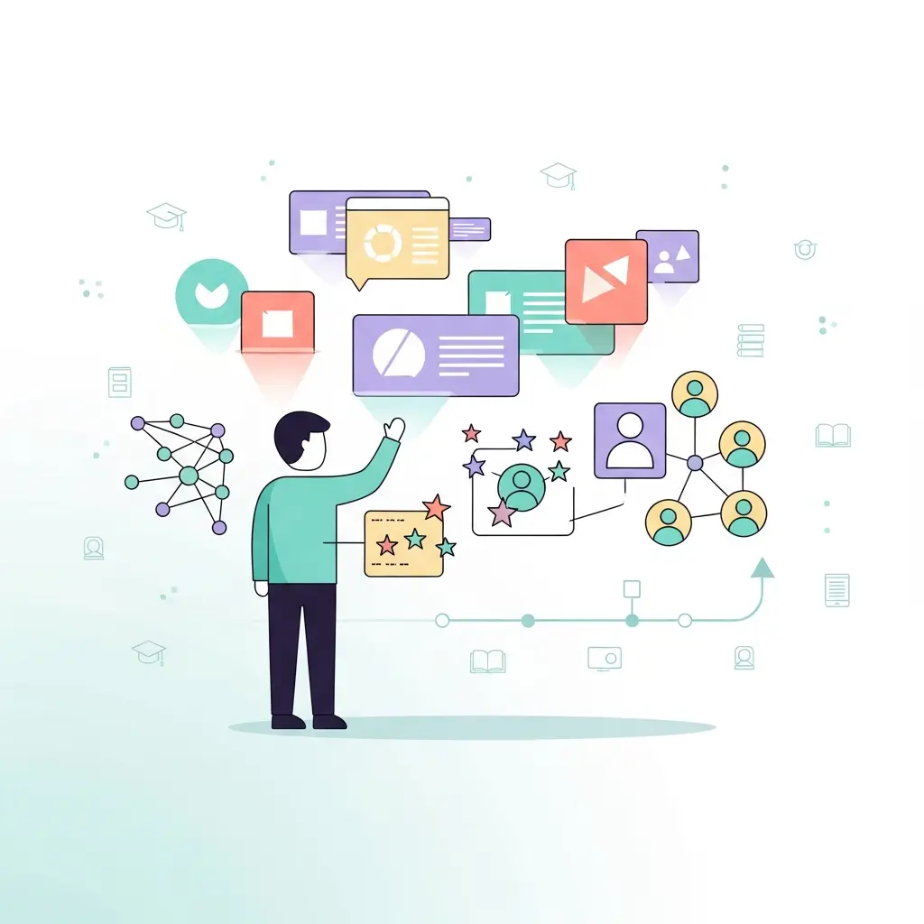 Ilustração futurista de ambiente de aprendizagem com tecnologia e elementos de conectividade