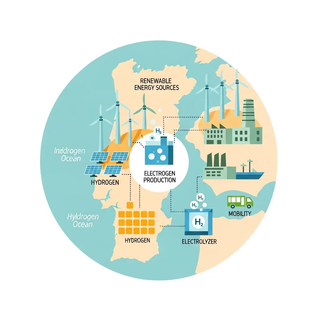 Mapa ilustrativo do ecossistema de hidrogénio em Portugal, mostrando a integração entre energia solar, eólica e produção de hidrogénio verde