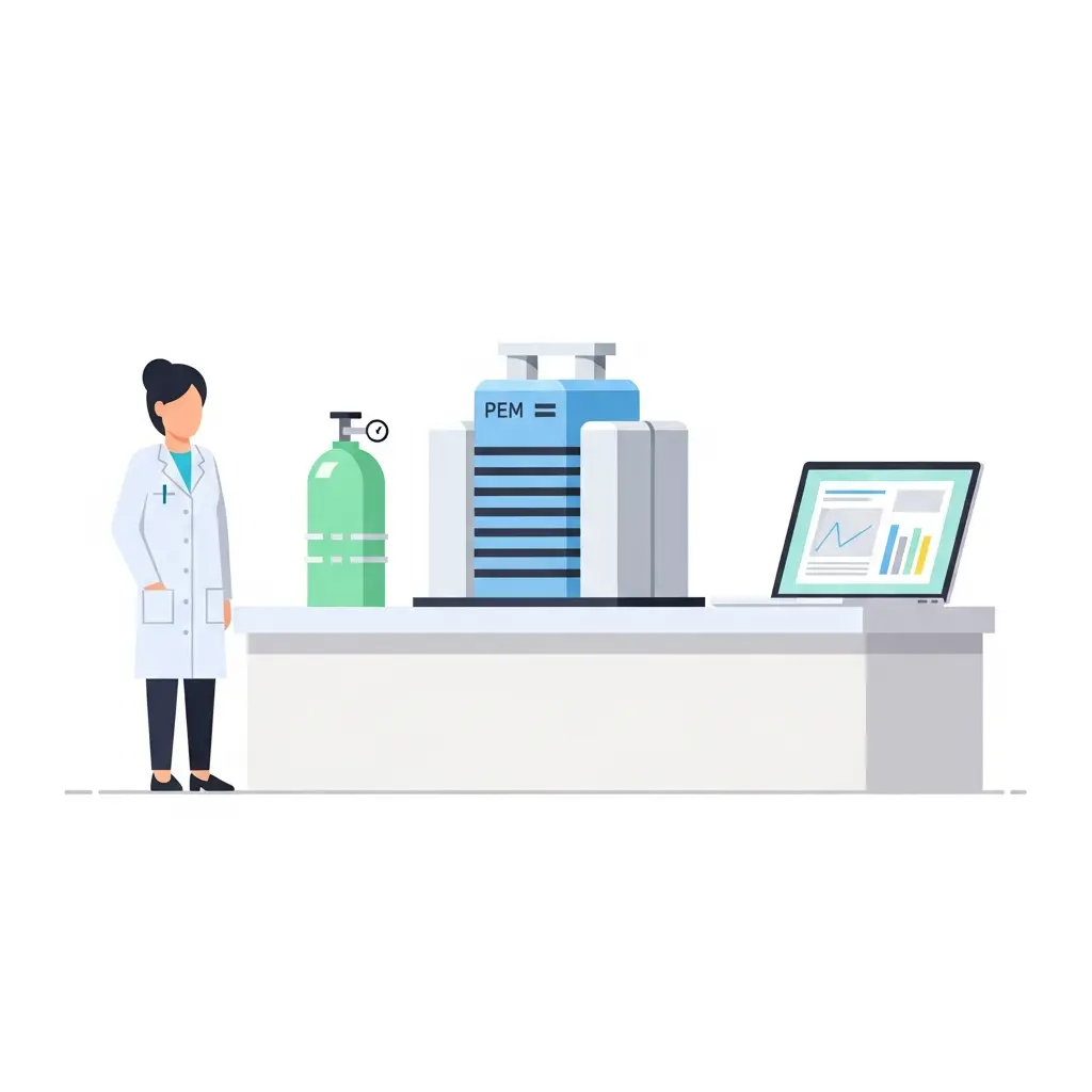 Ilustração de um laboratório universitário com equipamento de células de combustível e hidrogénio, mostrando um estudante a observar o setup experimental