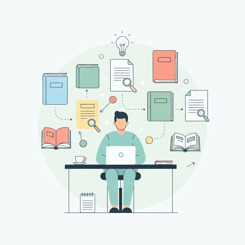 Estudante rodeado de livros e documentos representando o processo de revisão bibliográfica