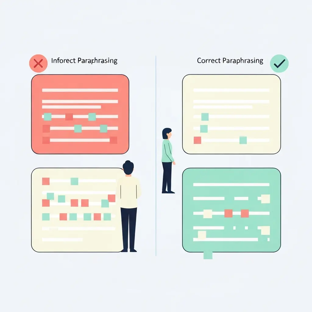 Comparação visual entre paráfrase incorreta (apenas sinónimos) e paráfrase correta (reestruturação completa)