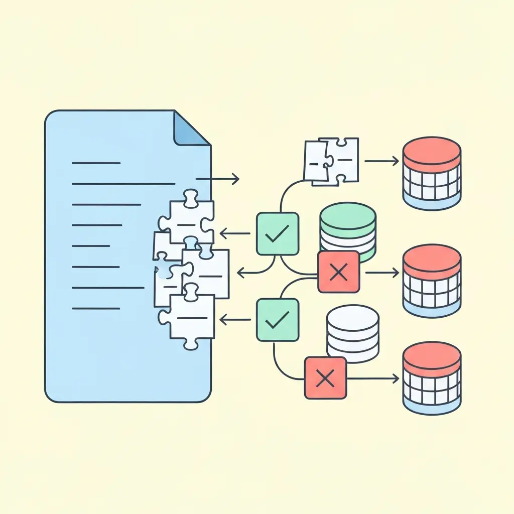 Ilustração do funcionamento de um verificador de plágio: documento fragmentado comparado com bases de dados