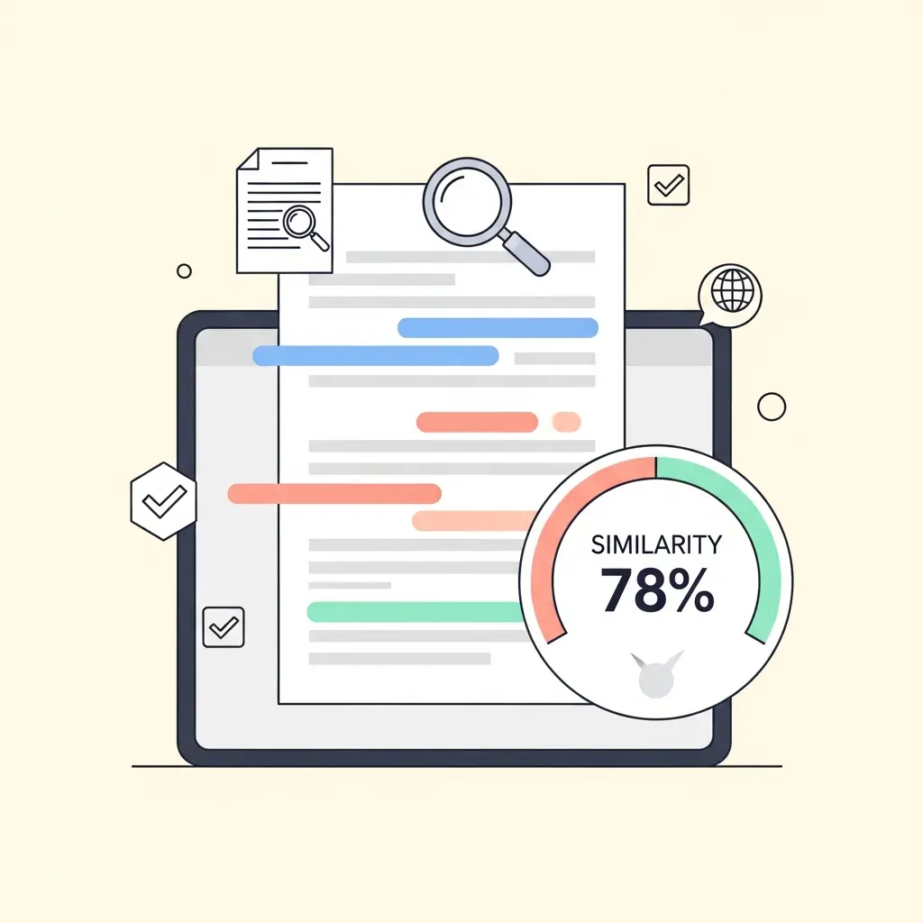 Relatório de detecção de plágio com diferentes secções destacadas em cores, mostrando percentagem de similaridade