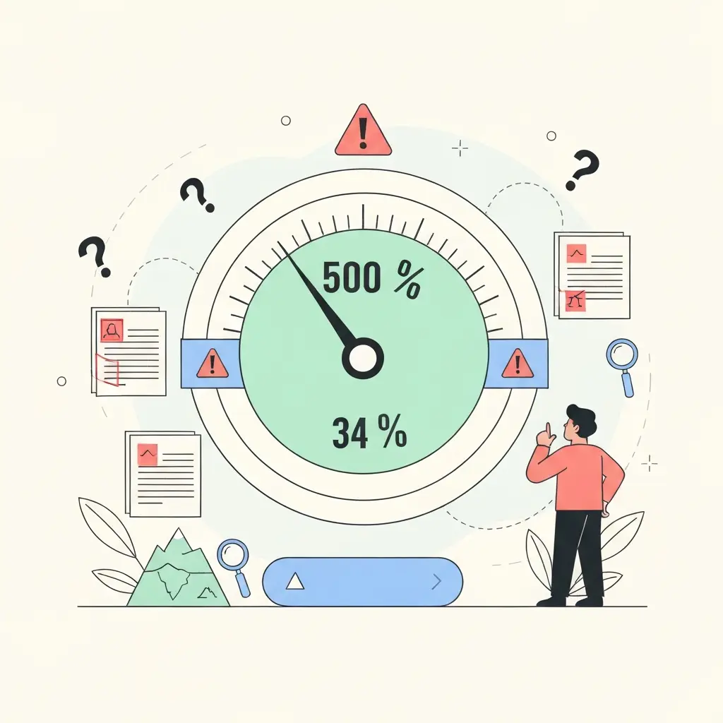 Ilustração de um medidor de percentagem de plágio mostrando número baixo enquanto documentos ao redor revelam problemas ocultos