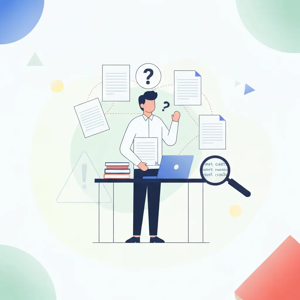 Ilustração de um investigador confuso perante armadilhas invisíveis de plágio académico em documentos