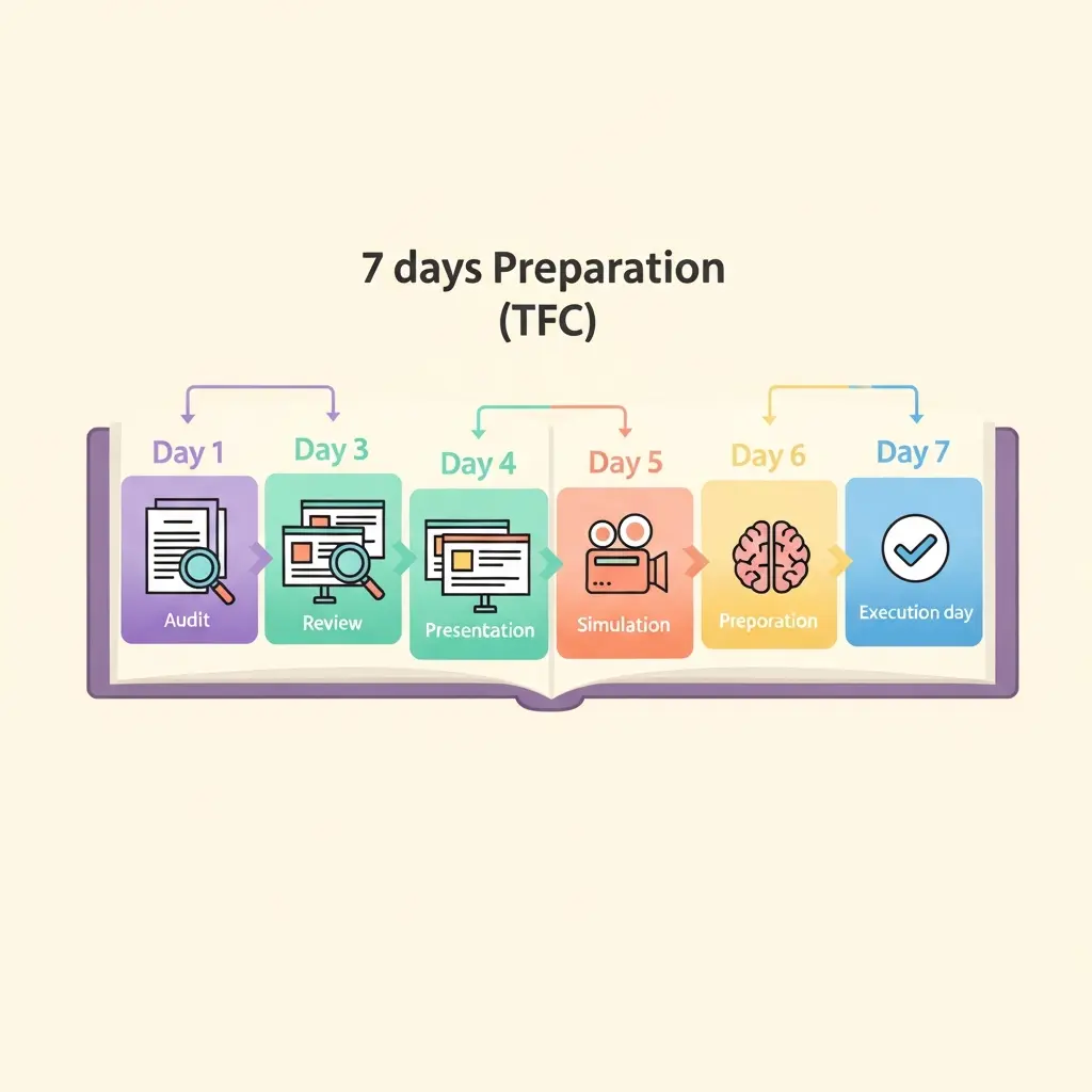 Cronograma visual de 7 dias de preparação para defesa de TFC com ícones para cada fase