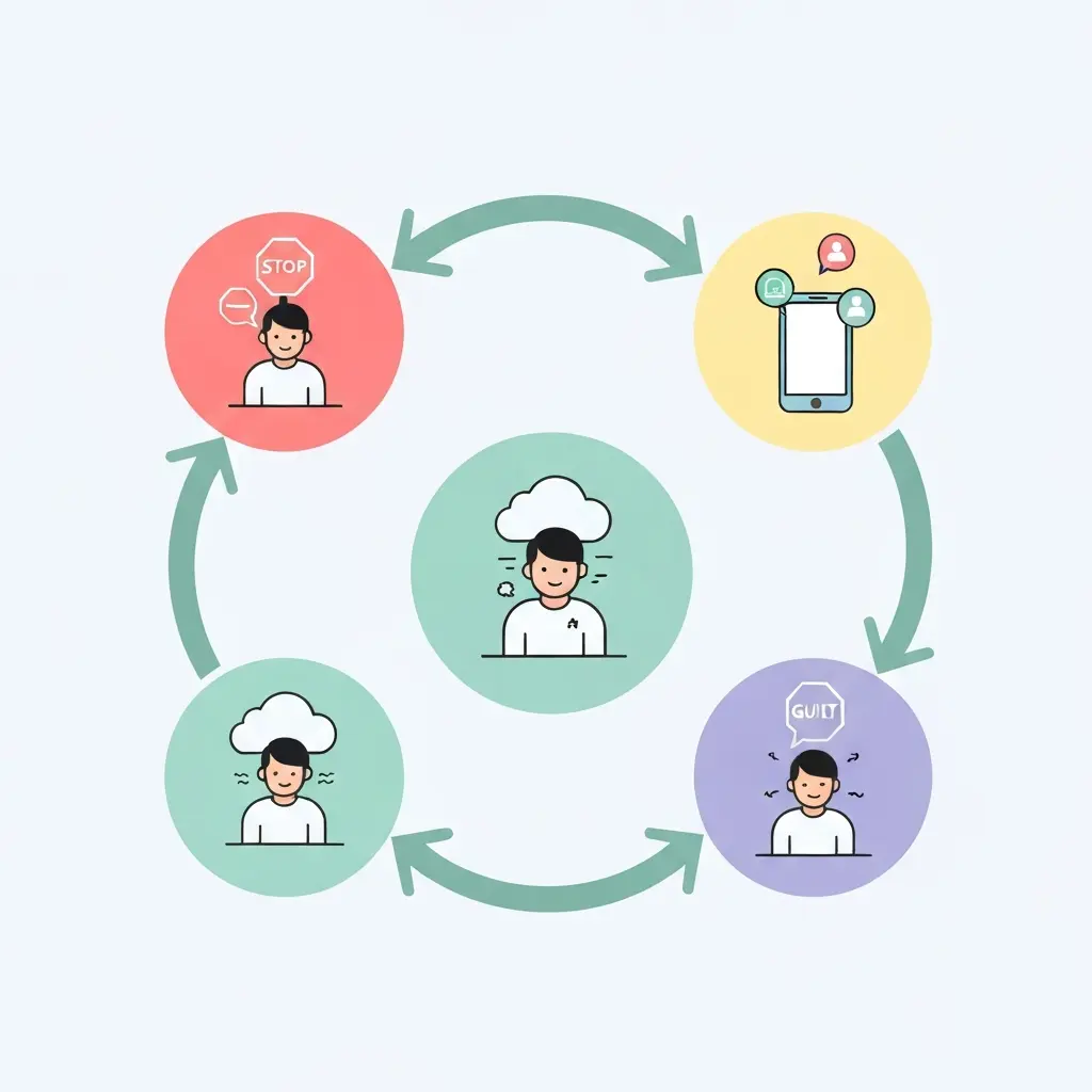 Diagrama circular mostrando o ciclo vicioso da procrastinação: bloqueio, distração, culpa, nova tentativa e retorno ao bloqueio
