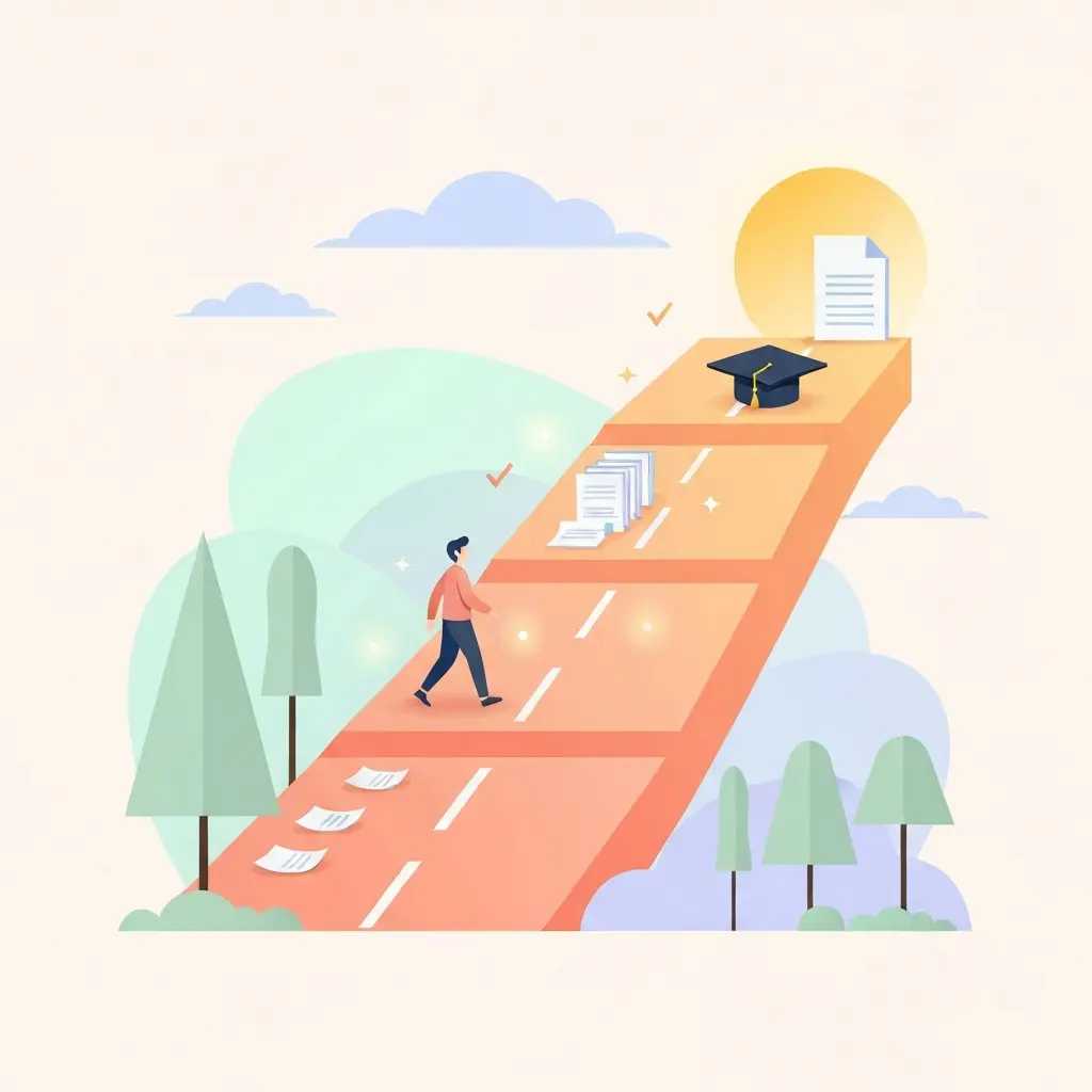 Caminho ascendente com estudante a progredir gradualmente, desde papéis dispersos até à meta com o diploma