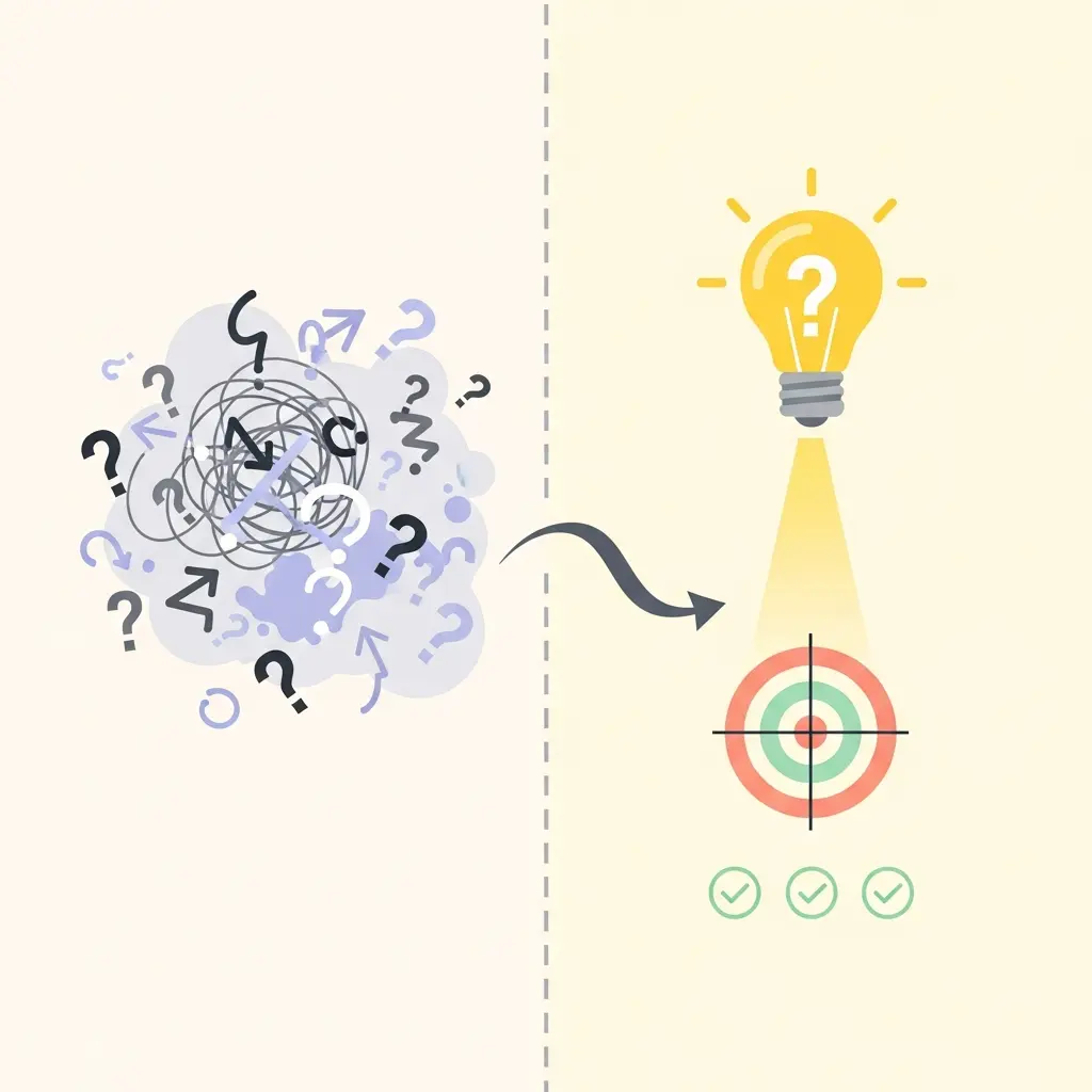 Contraste entre tema vago e pergunta de investigação clara — da confusão à clareza