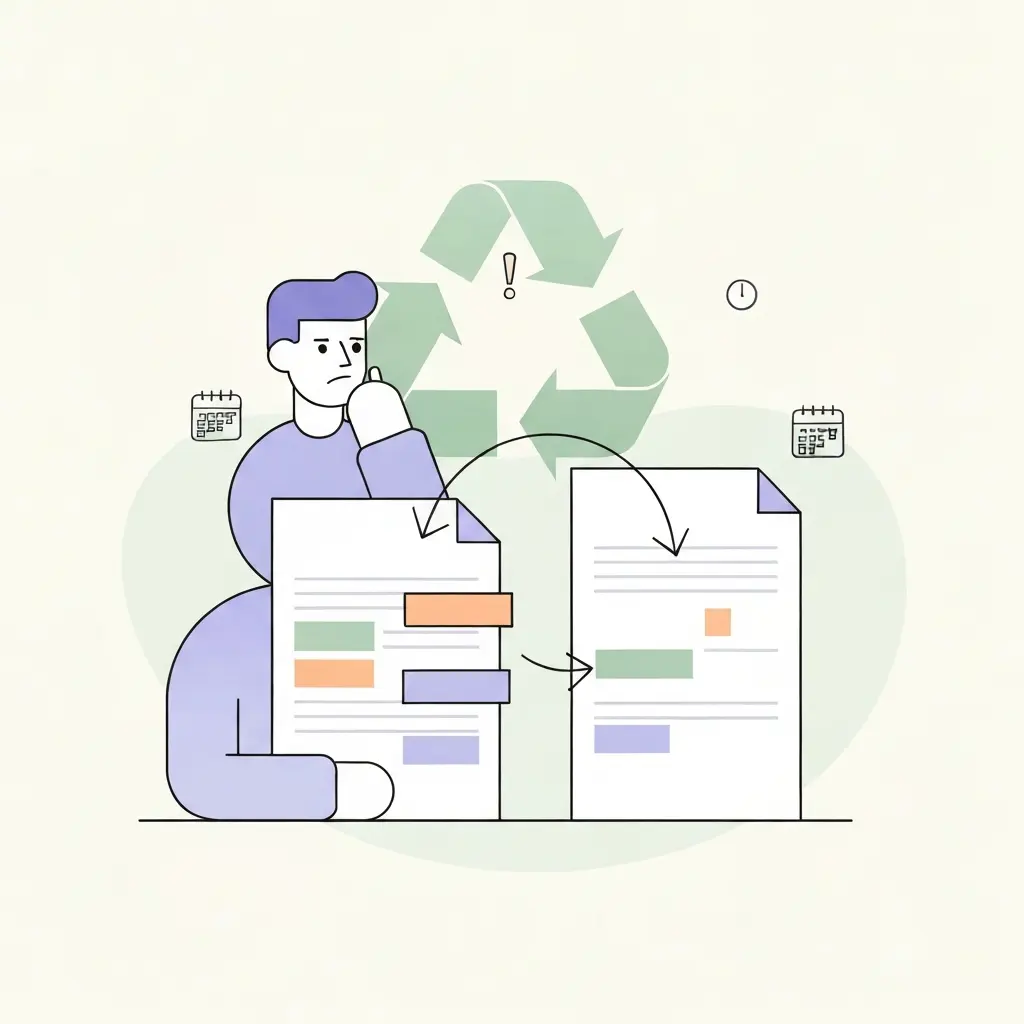 Ilustração mostrando documentos com conteúdo reciclado entre si, representando o conceito de autoplágio