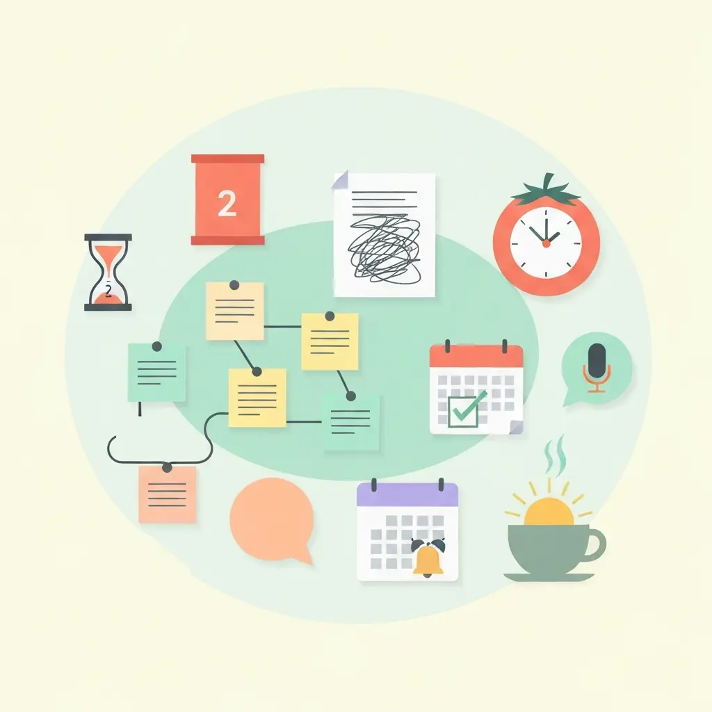 Sete ícones representando técnicas de produtividade: temporizador de 2 minutos, rascunho, pomodoro, notas conectadas, microfone, calendário e ritual de café