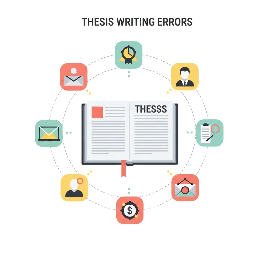 Infográfico dos 7 erros comuns em teses académicas: introdução vaga, metodologia fraca, argumentação desequilibrada, desorganização, erros de citação, plágio e falta de revisão