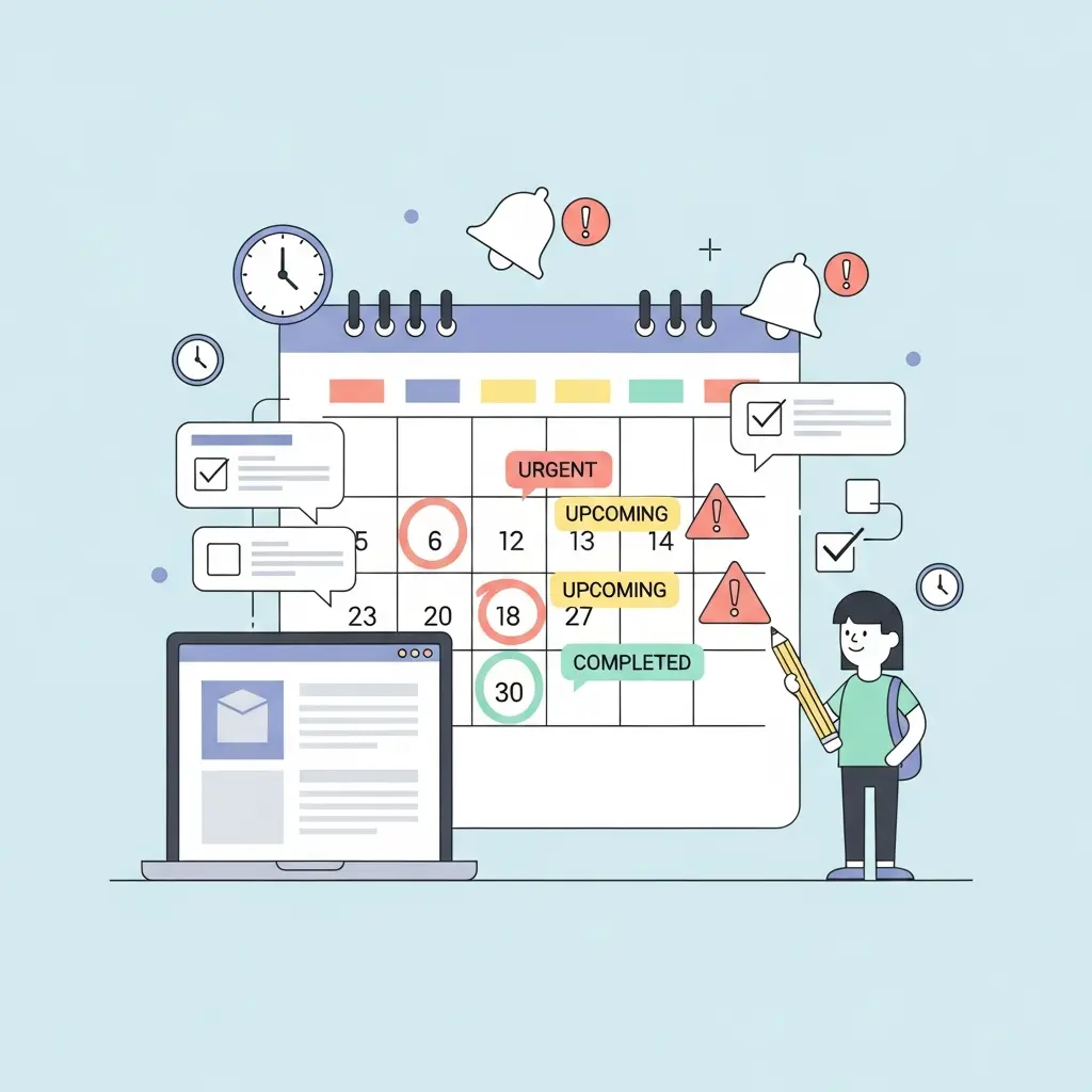 Calendário académico com prazos e alertas para gestão de deadlines universitários