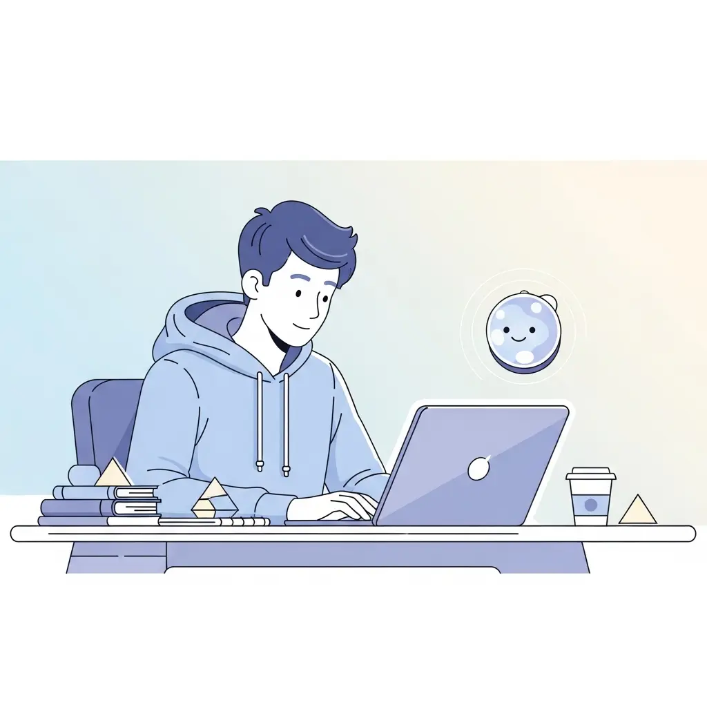 Estudante universitário a trabalhar com assistente de IA no computador portátil