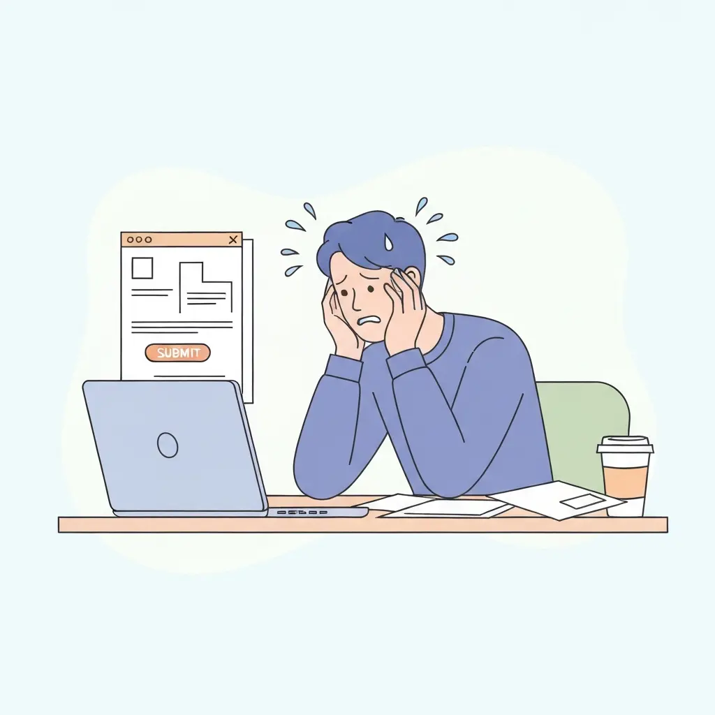 Estudante universitário sentado ao computador com sinais de ansiedade ao submeter a tese