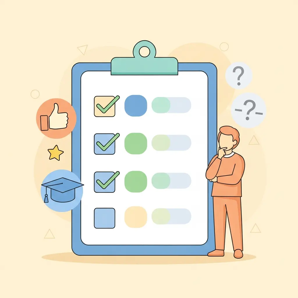 Estudante a fazer autoavaliação honesta com checklist de decisão