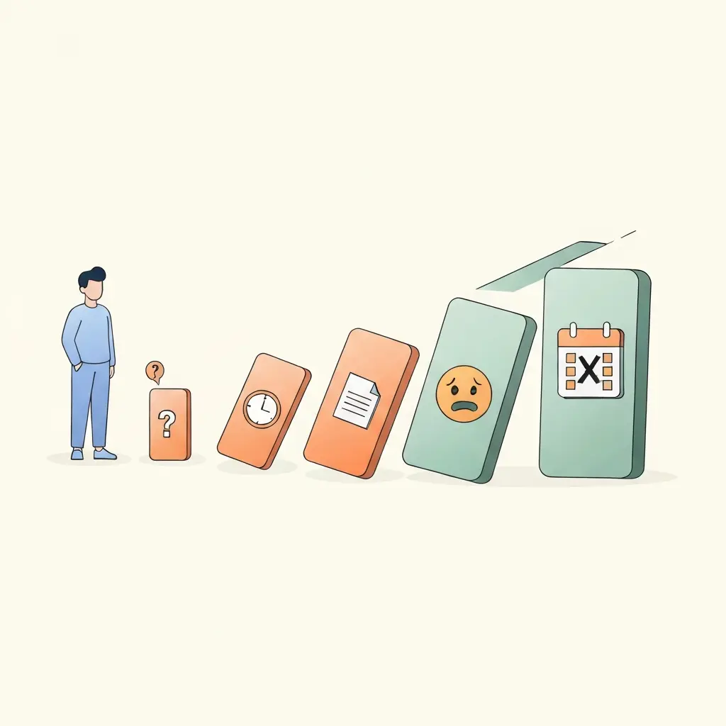 Ilustração do efeito dominó: pequenos erros iniciais na tese que se transformam em grandes problemas