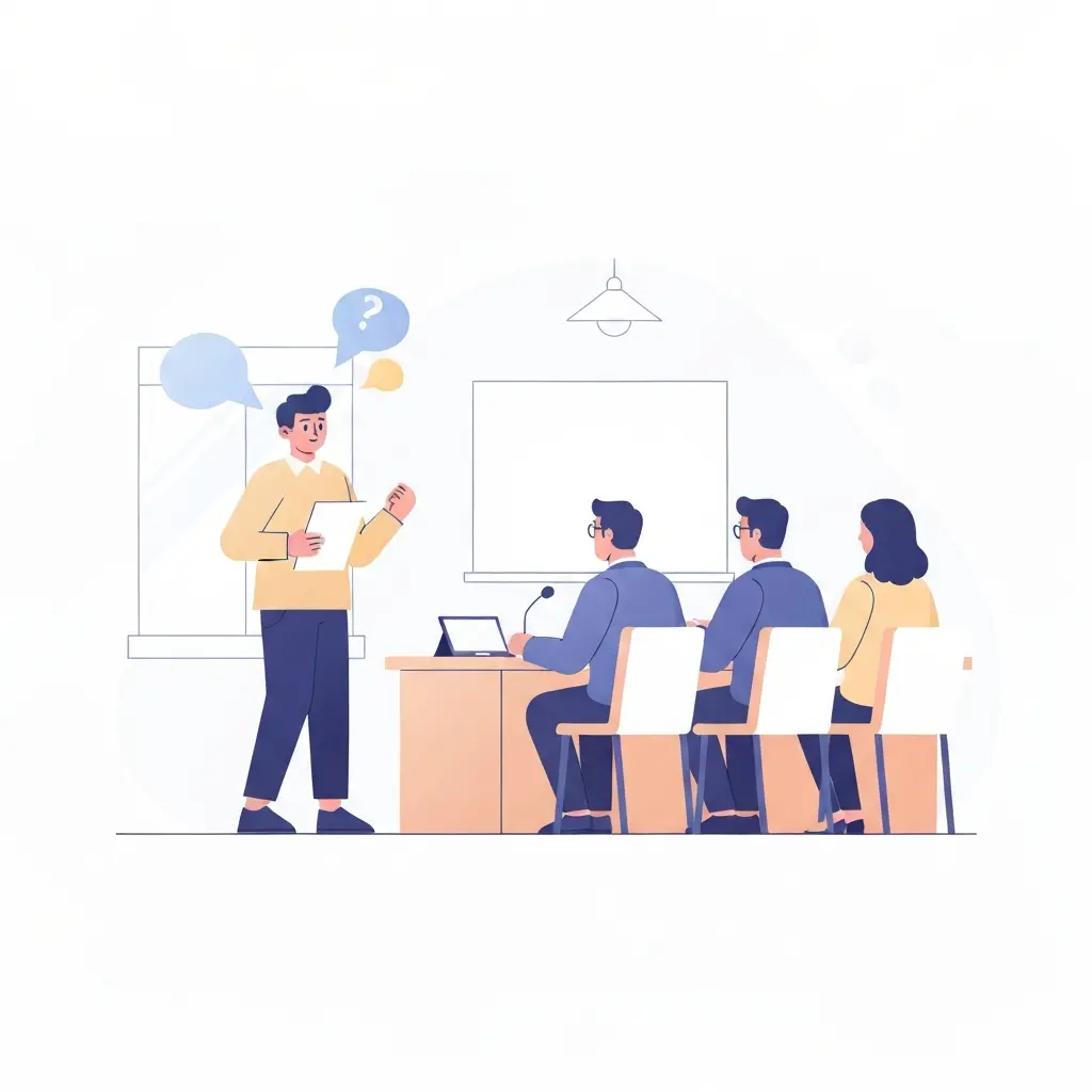 Estudante a enfrentar o momento de arguição perante a banca examinadora