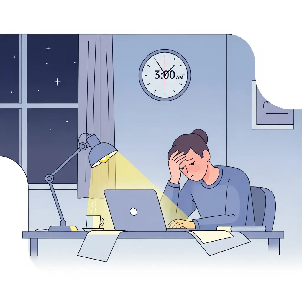 Estudante universitário a trabalhar na tese durante a madrugada, ilustrando a pressão dos prazos académicos