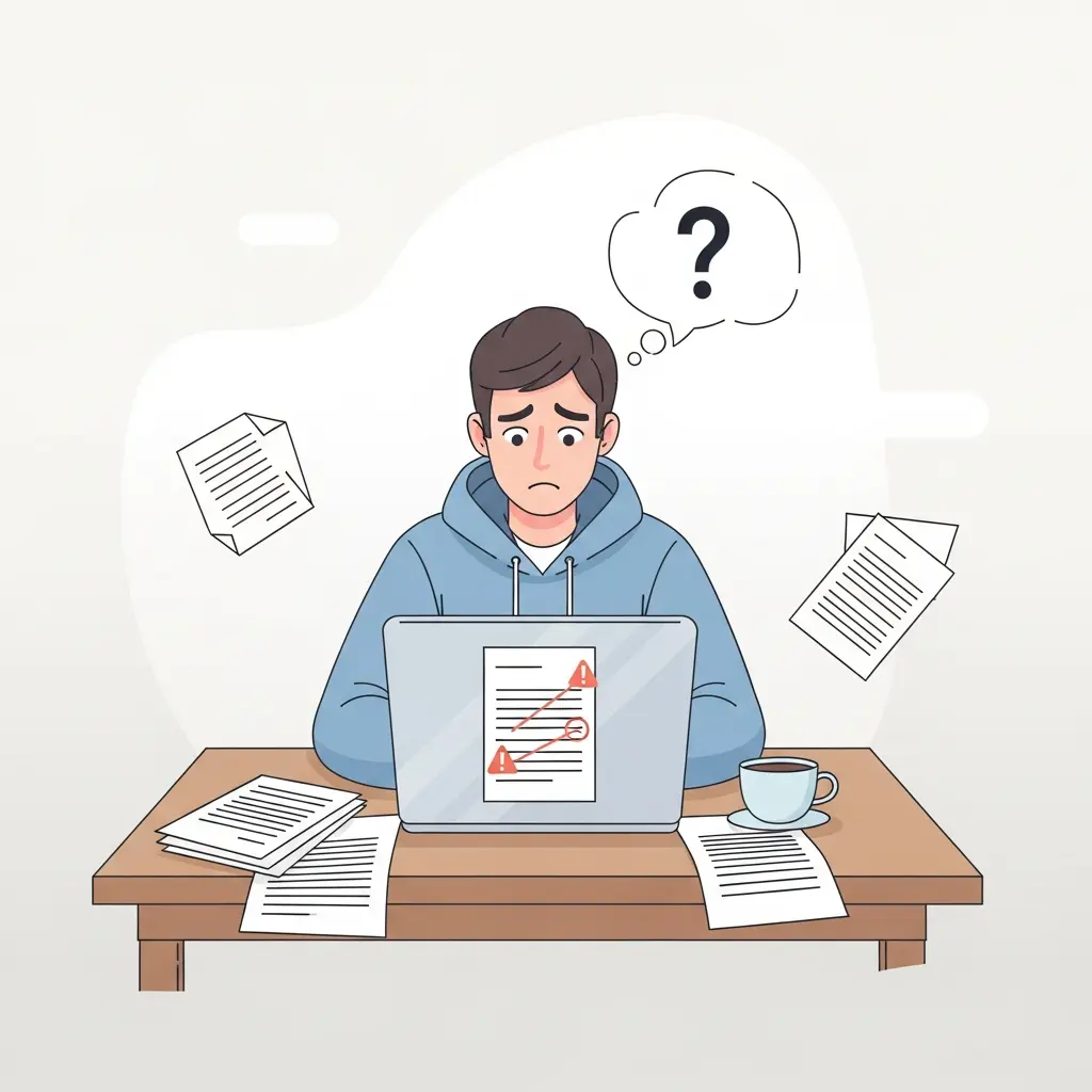 Estudante preocupado a descobrir problemas de plágio no trabalho académico