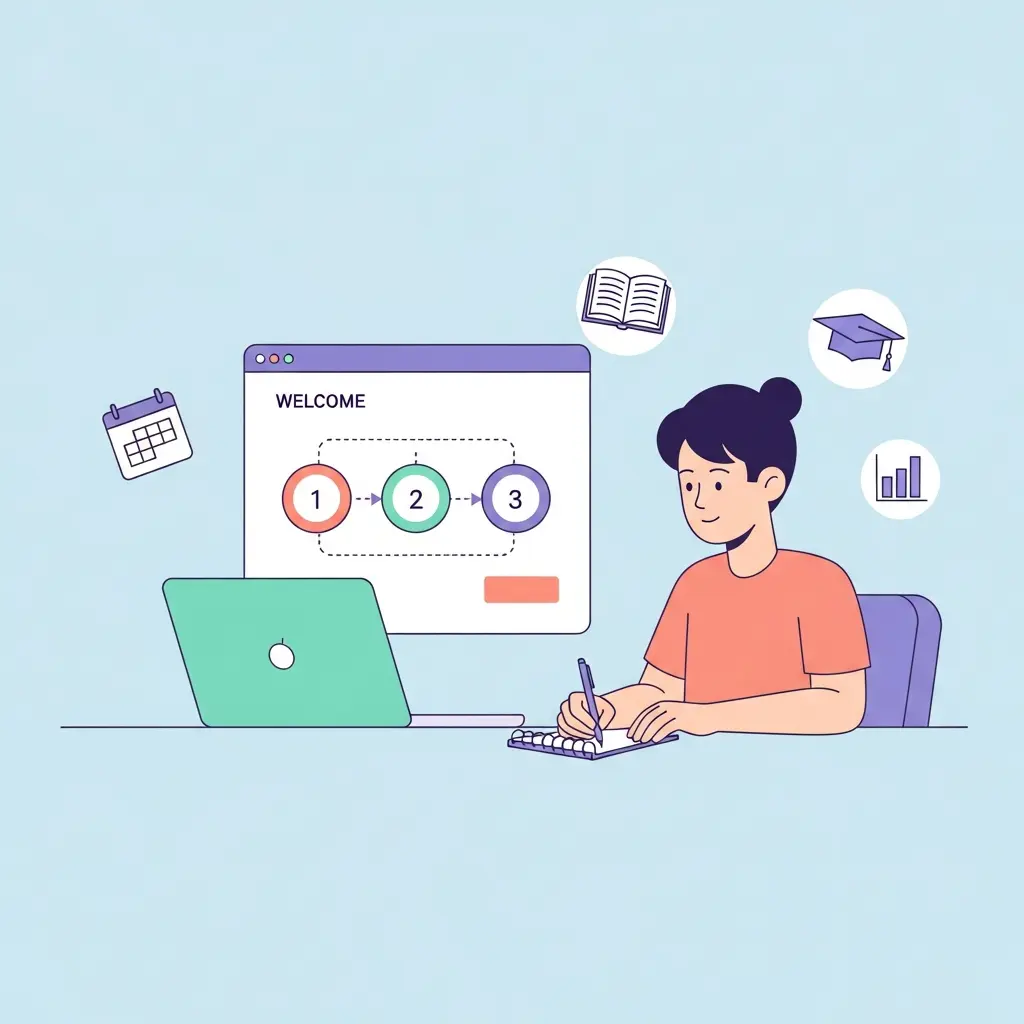Estudante a completar o processo de onboarding numa plataforma educacional, com ecrã a mostrar passos de configuração