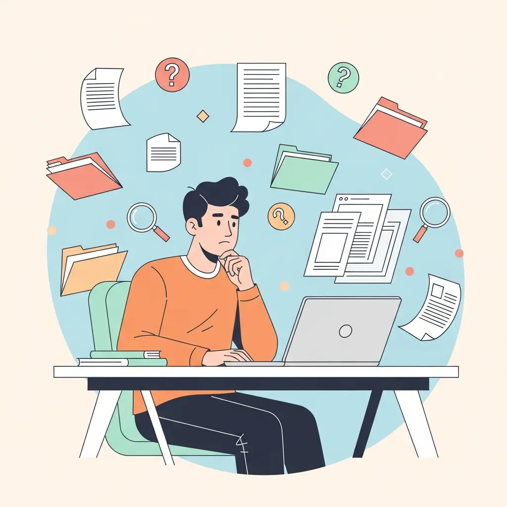 Estudante universitário a procurar modelos de TFC no computador portátil, rodeado de ícones de documentos e pontos de interrogação