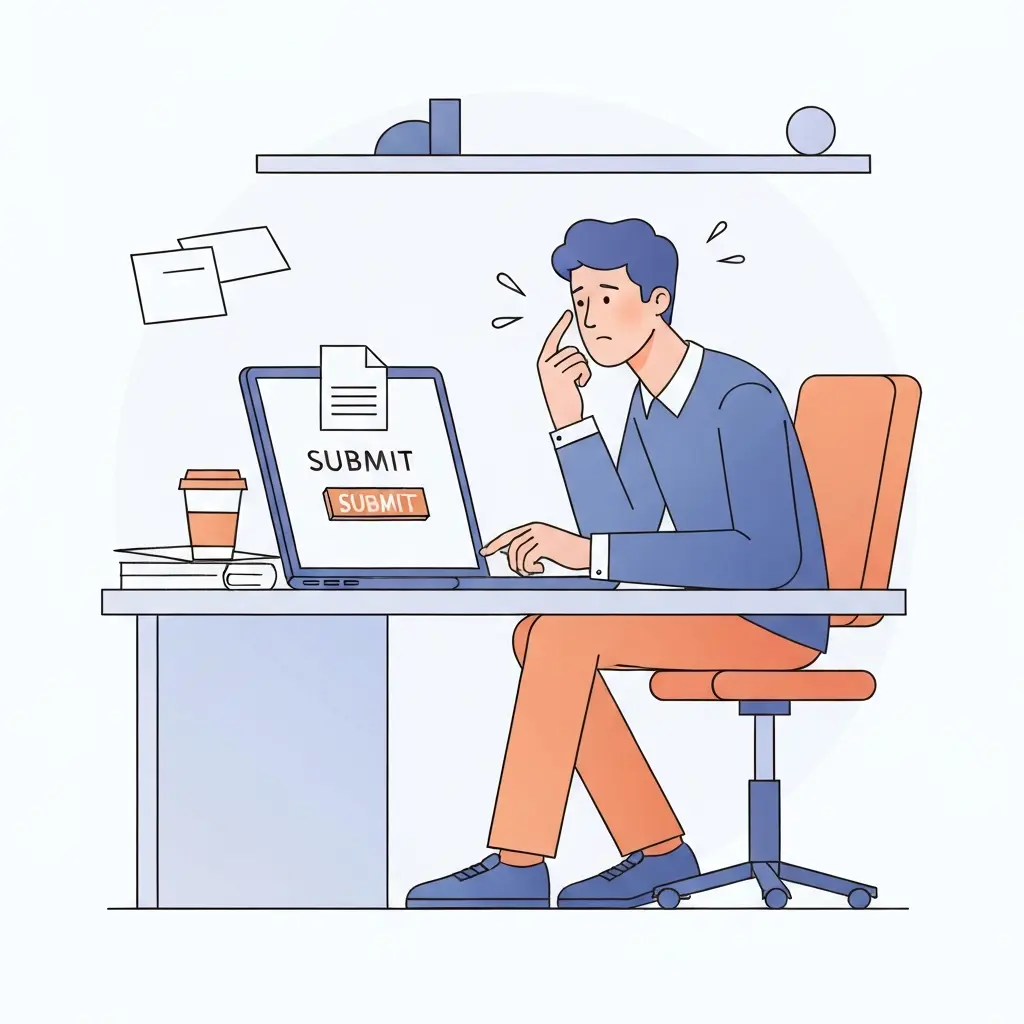 Estudante universitário hesitante prestes a submeter a tese no computador