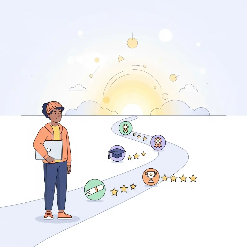 Estudante confiante no caminho para o sucesso académico com ferramentas tecnológicas modernas