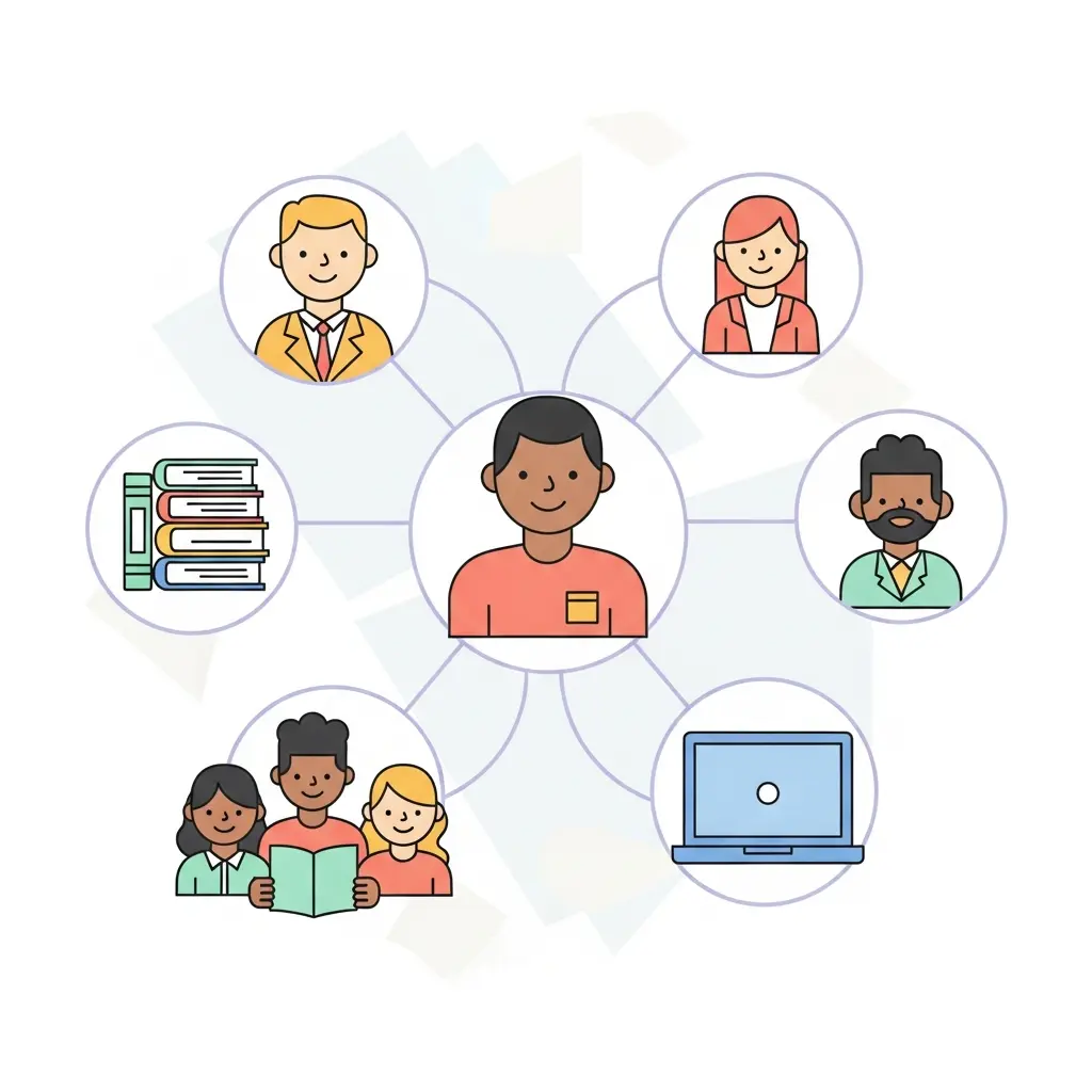 Rede de apoio académico conectando estudantes, mentores e recursos