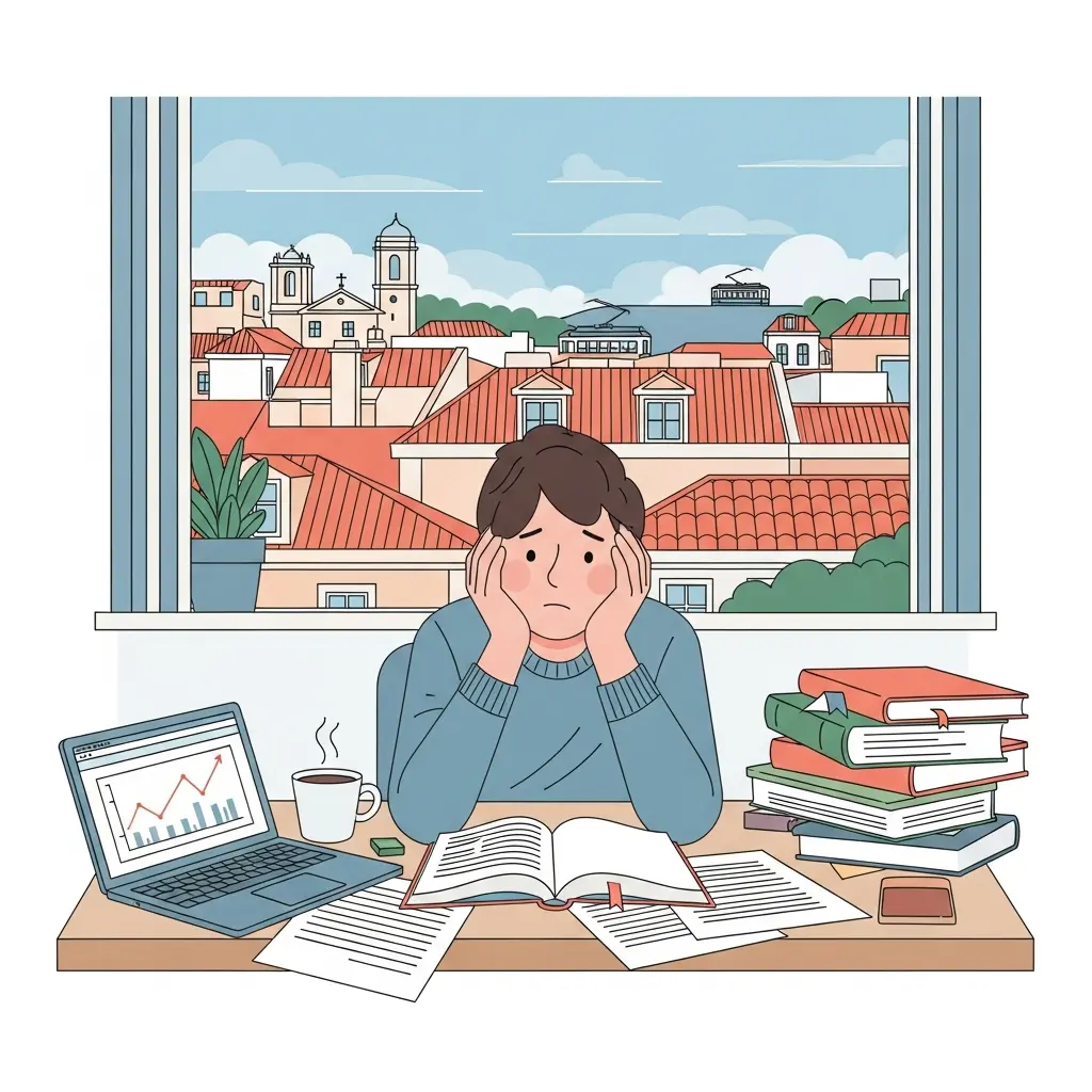 Estudante de mestrado a trabalhar na tese com vista para os telhados de Lisboa