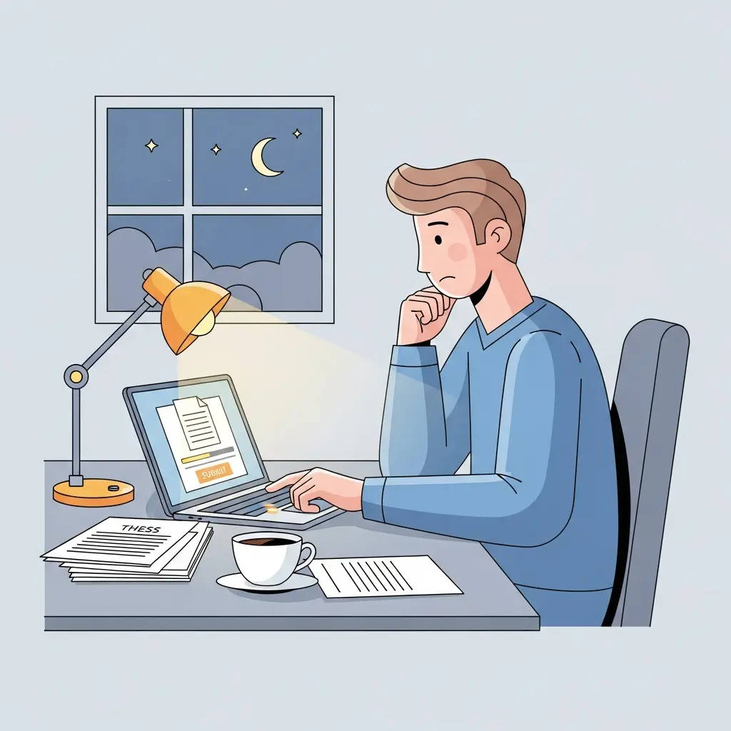 Estudante universitário a submeter tese ao computador durante a madrugada